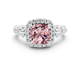 White gold Cushion Cut Halo Diamond Solitaire with Filigree Band and Four-Prong Setting
