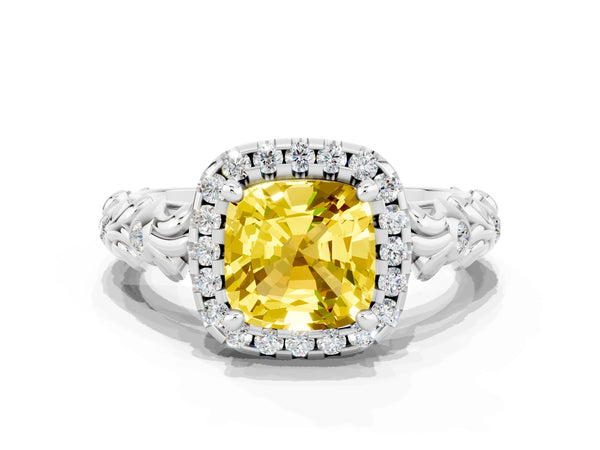 White gold Cushion Cut Yellow Sapphire Halo Ring with Filigree Band and Prong Setting