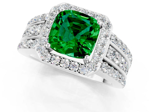 White gold Cushion Cut Halo Emerald Ring with Split Shank and Four-Prong Setting_1