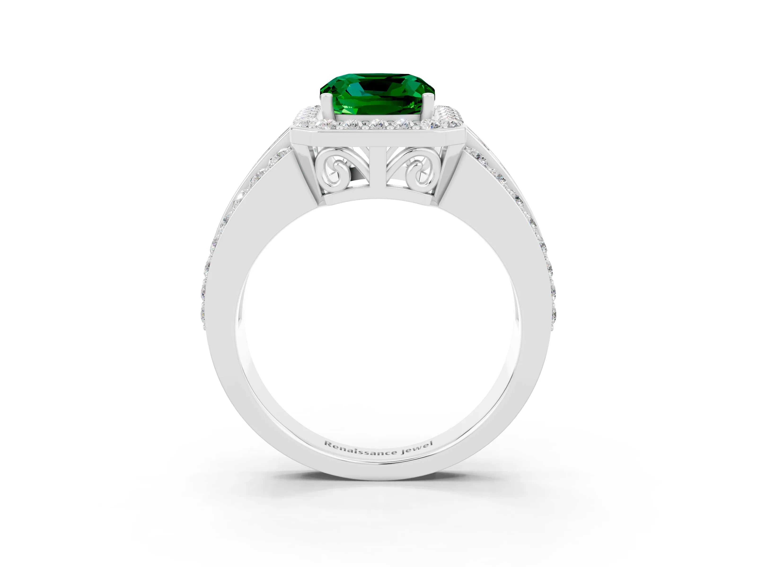 White gold Cushion Cut Halo Emerald Ring with Split Shank and Four-Prong Setting_3