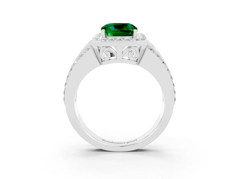 White gold Cushion Cut Halo Emerald Ring with Split Shank and Four-Prong Setting_3