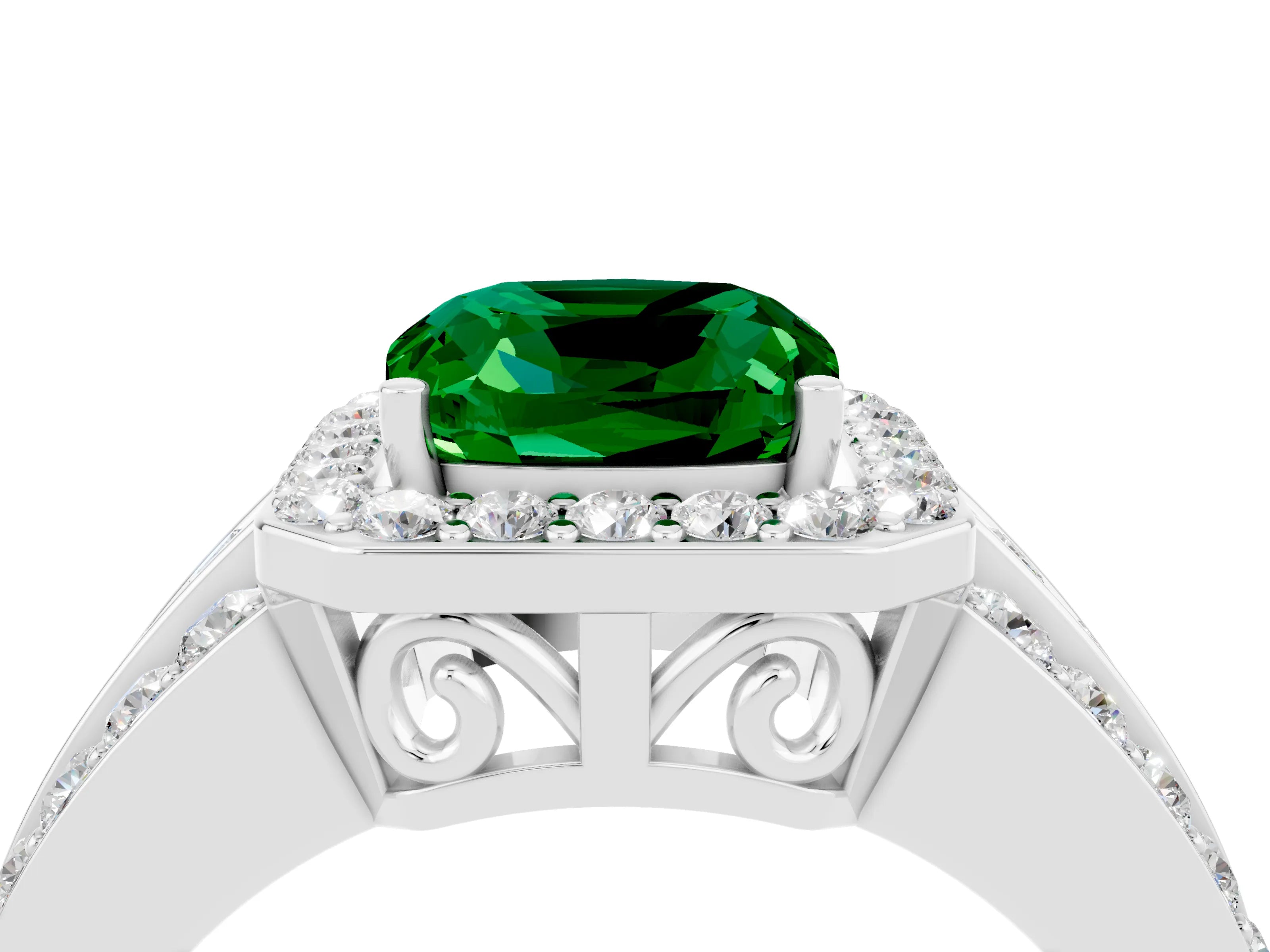 White gold Cushion Cut Halo Emerald Ring with Split Shank and Four-Prong Setting_4
