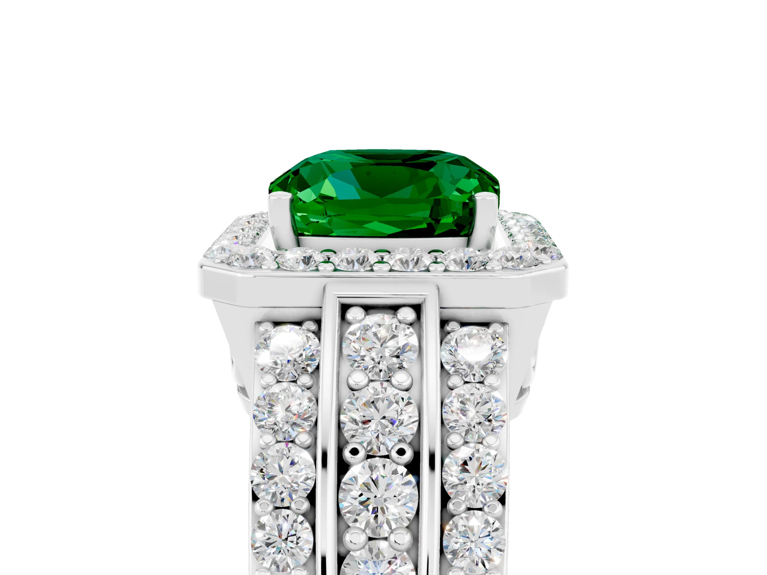 White gold Cushion Cut Halo Emerald Ring with Split Shank and Four-Prong Setting_5