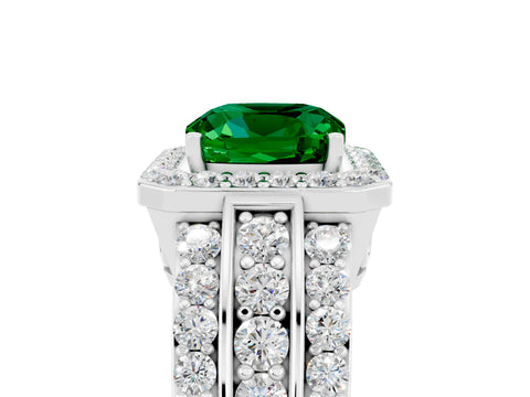 White gold Cushion Cut Halo Emerald Ring with Split Shank and Four-Prong Setting_5