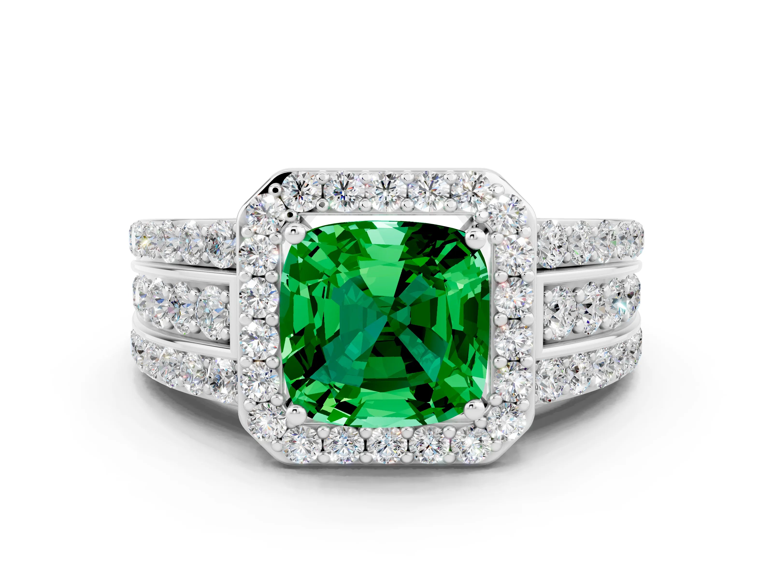 White gold Cushion Cut Halo Emerald Ring with Split Shank and Four-Prong Setting