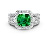 White gold Cushion Cut Halo Emerald Ring with Split Shank and Four-Prong Setting