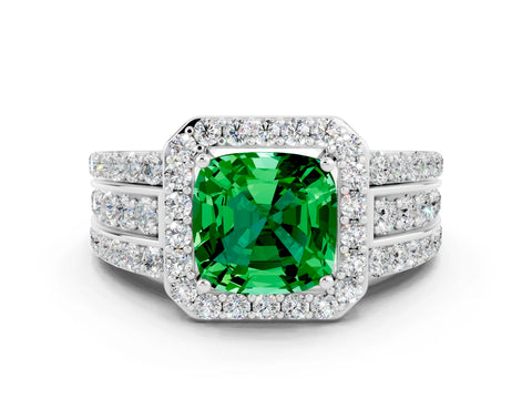 White gold Cushion Cut Halo Emerald Ring with Split Shank and Four-Prong Setting