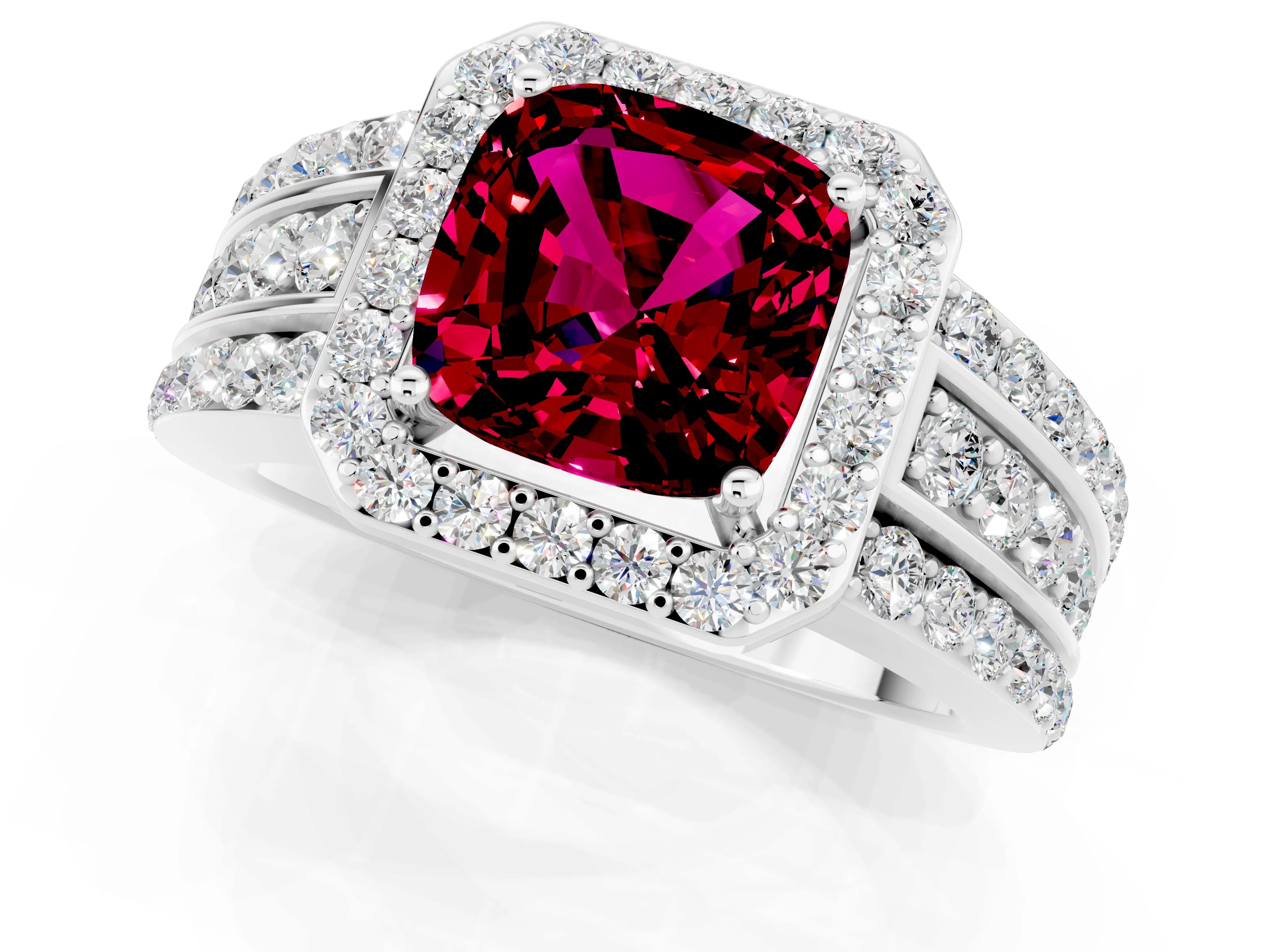 White gold Cushion Cut Halo Garnet Ring with Split Shank and Four-Prong Setting_1