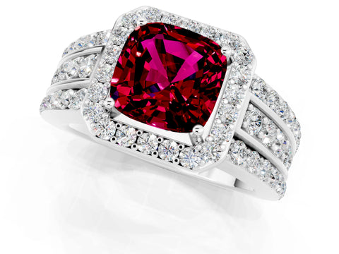 White gold Cushion Cut Halo Garnet Ring with Split Shank and Four-Prong Setting_1