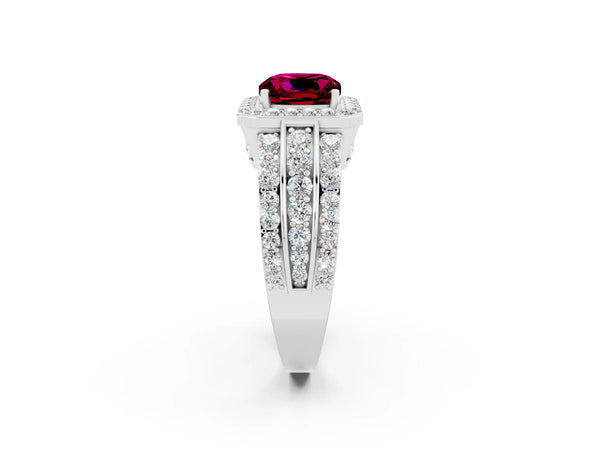 White gold Cushion Cut Halo Garnet Ring with Round  Split Shank and Prong Setting