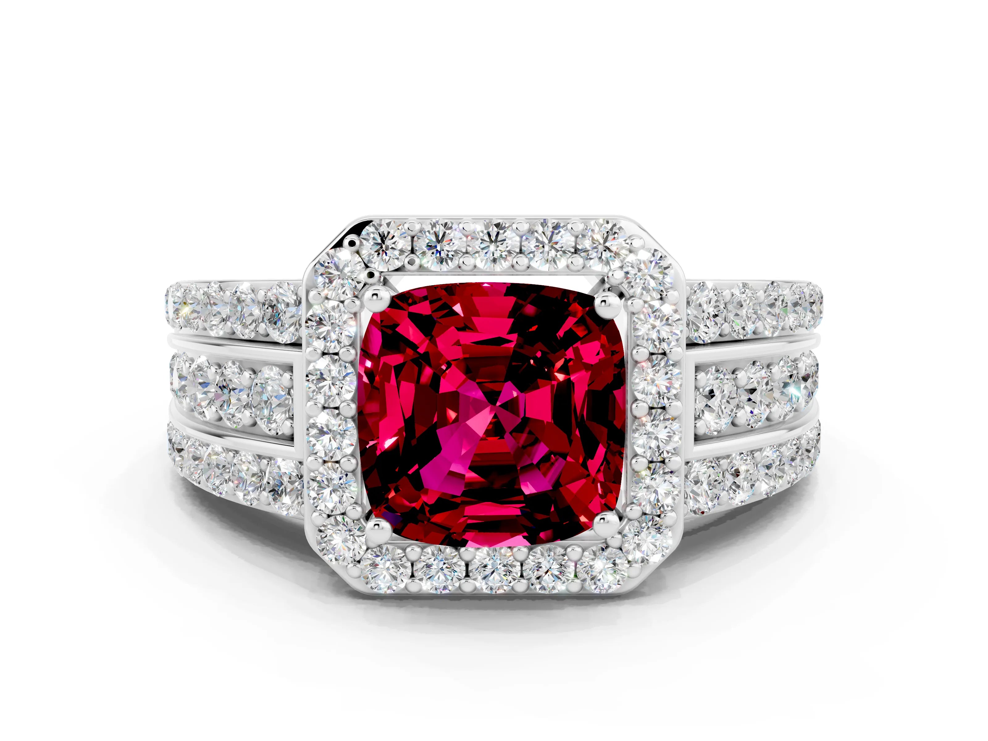 White gold Cushion Cut Halo Garnet Ring with Split Shank and Four-Prong Setting