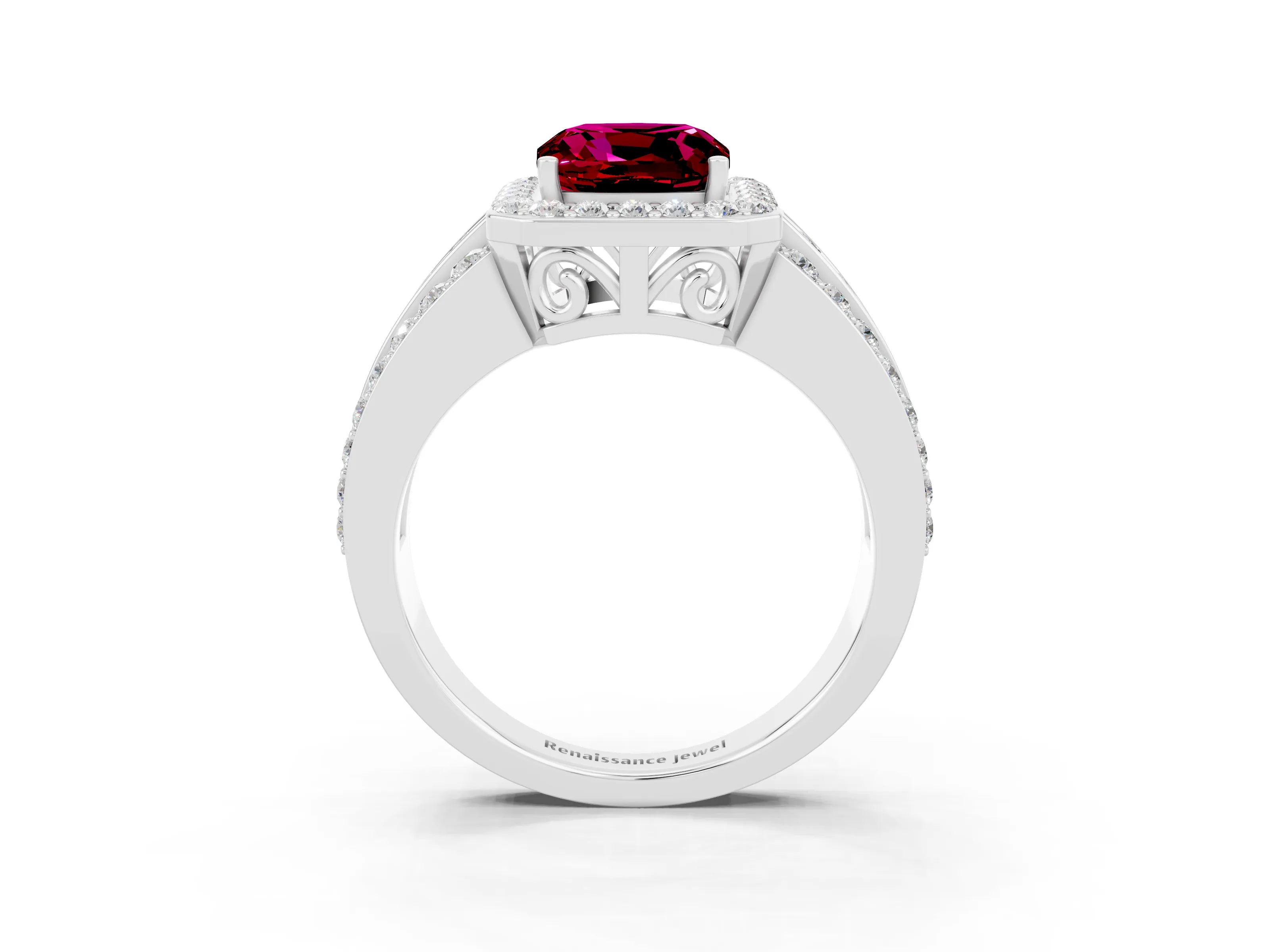White gold Cushion Cut Halo Garnet Ring with Split Shank and Four-Prong Setting_3