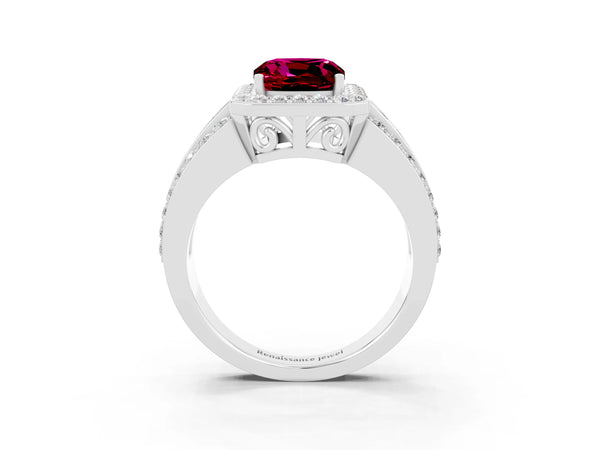 White gold Cushion Cut Halo Garnet Ring with Round  Split Shank and Prong Setting