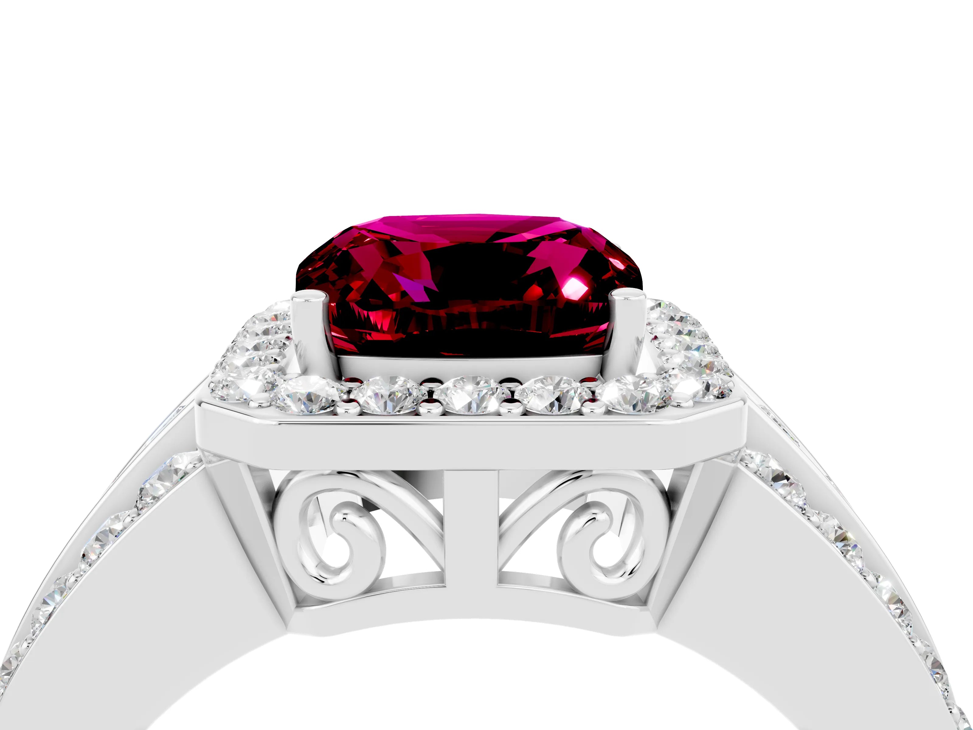 White gold Cushion Cut Halo Garnet Ring with Split Shank and Four-Prong Setting_4