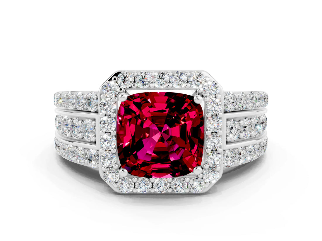 White gold Cushion Cut Halo Garnet Ring with Split Shank and Four-Prong Setting