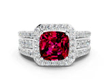 White gold Cushion Cut Halo Garnet Ring with Split Shank and Four-Prong Setting