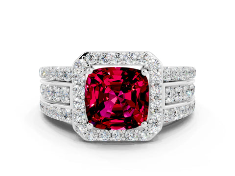 White gold Cushion Cut Halo Garnet Ring with Split Shank and Four-Prong Setting
