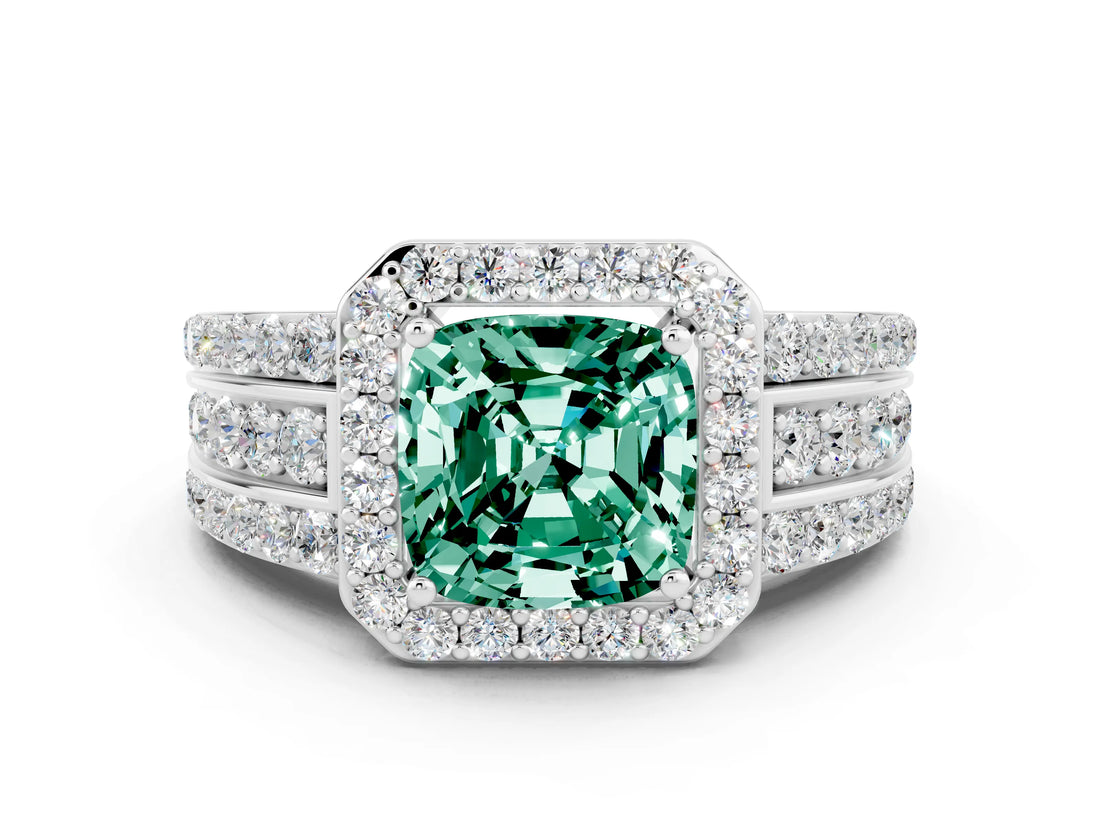 White gold Cushion Cut Halo Green Sapphire Ring with Split Shank and Four-Prong Setting