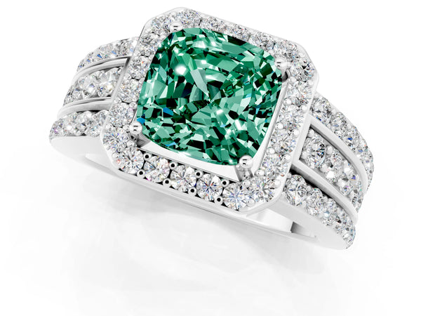 Silver Cushion Cut Halo Green Sapphire Ring with Round  Split Shank and Prong Setting