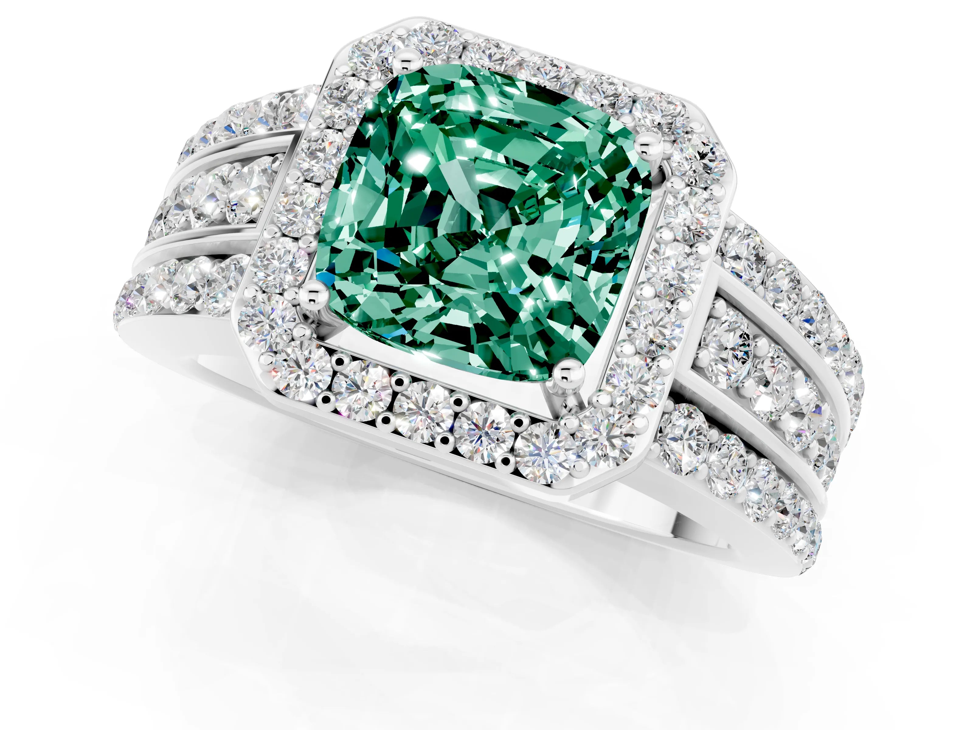 White gold Cushion Cut Halo Green Sapphire Ring with Split Shank and Four-Prong Setting_1