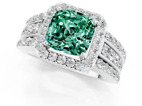 White gold Cushion Cut Halo Green Sapphire Ring with Split Shank and Four-Prong Setting_1