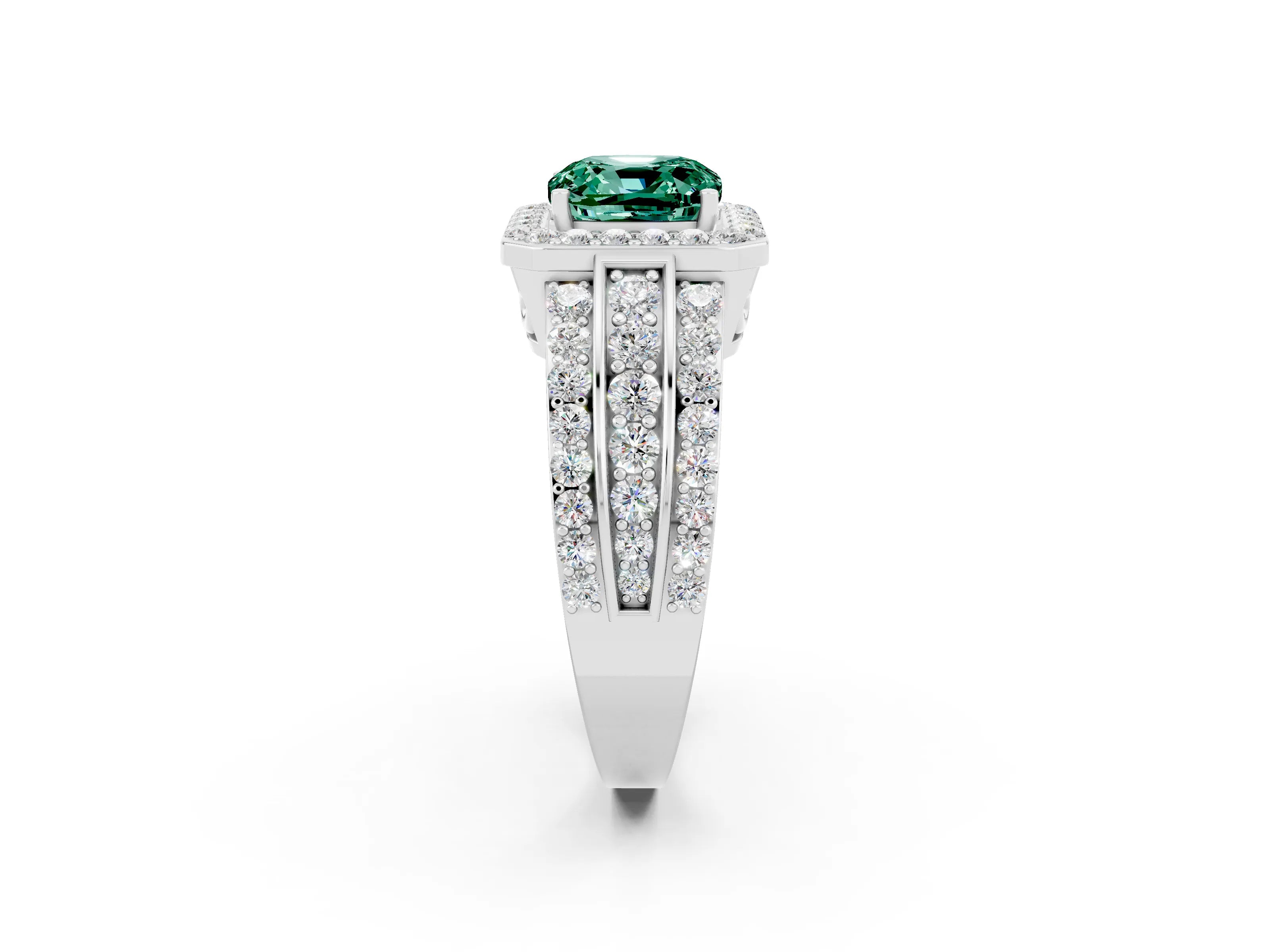 White gold Cushion Cut Halo Green Sapphire Ring with Split Shank and Four-Prong Setting_2