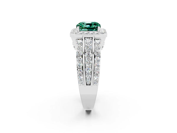 White gold Cushion Cut Halo Green Sapphire Ring with Round  Split Shank and Prong Setting