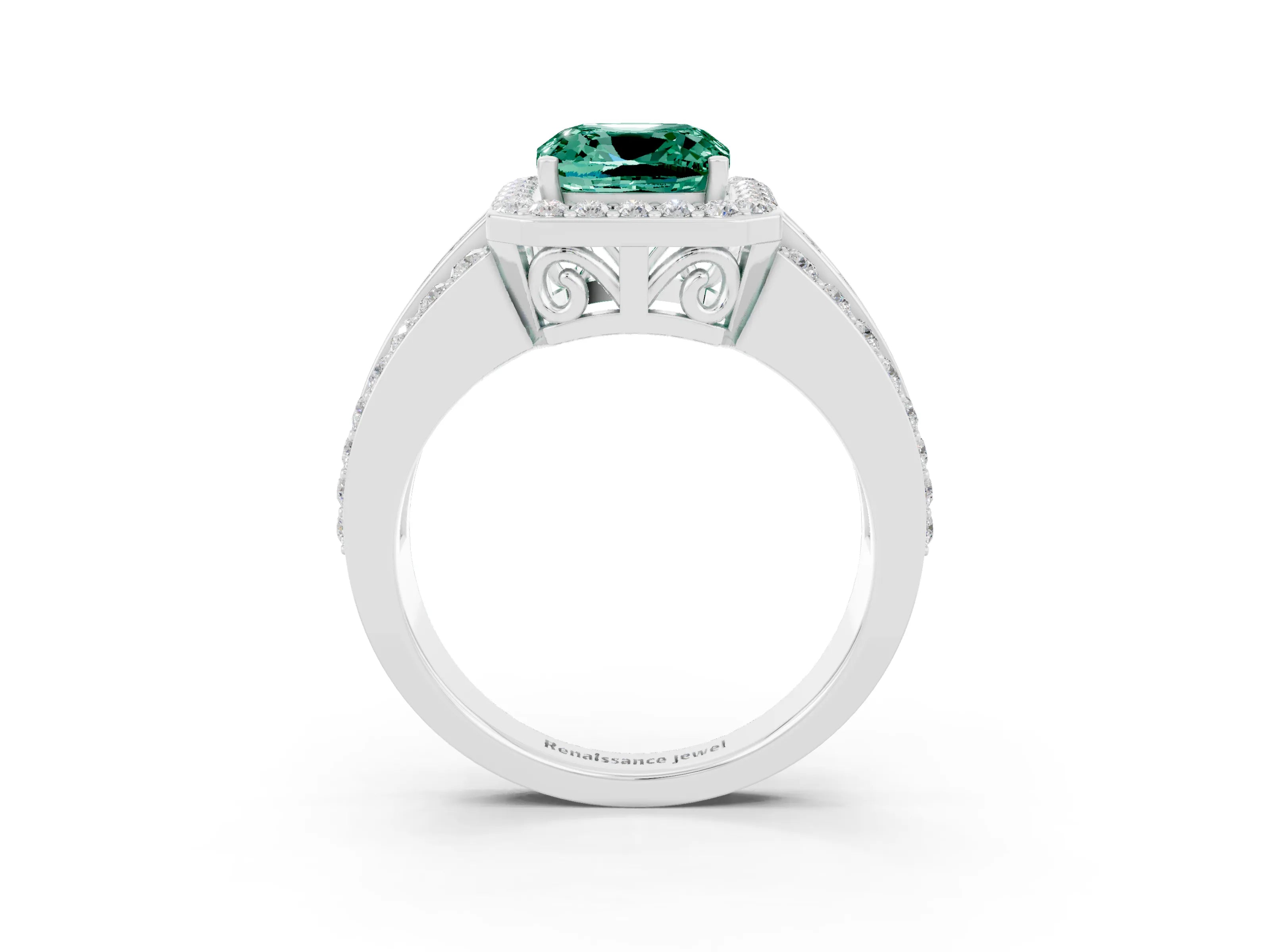 White gold Cushion Cut Halo Green Sapphire Ring with Split Shank and Four-Prong Setting_3