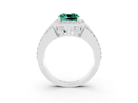 White gold Cushion Cut Halo Green Sapphire Ring with Split Shank and Four-Prong Setting_3