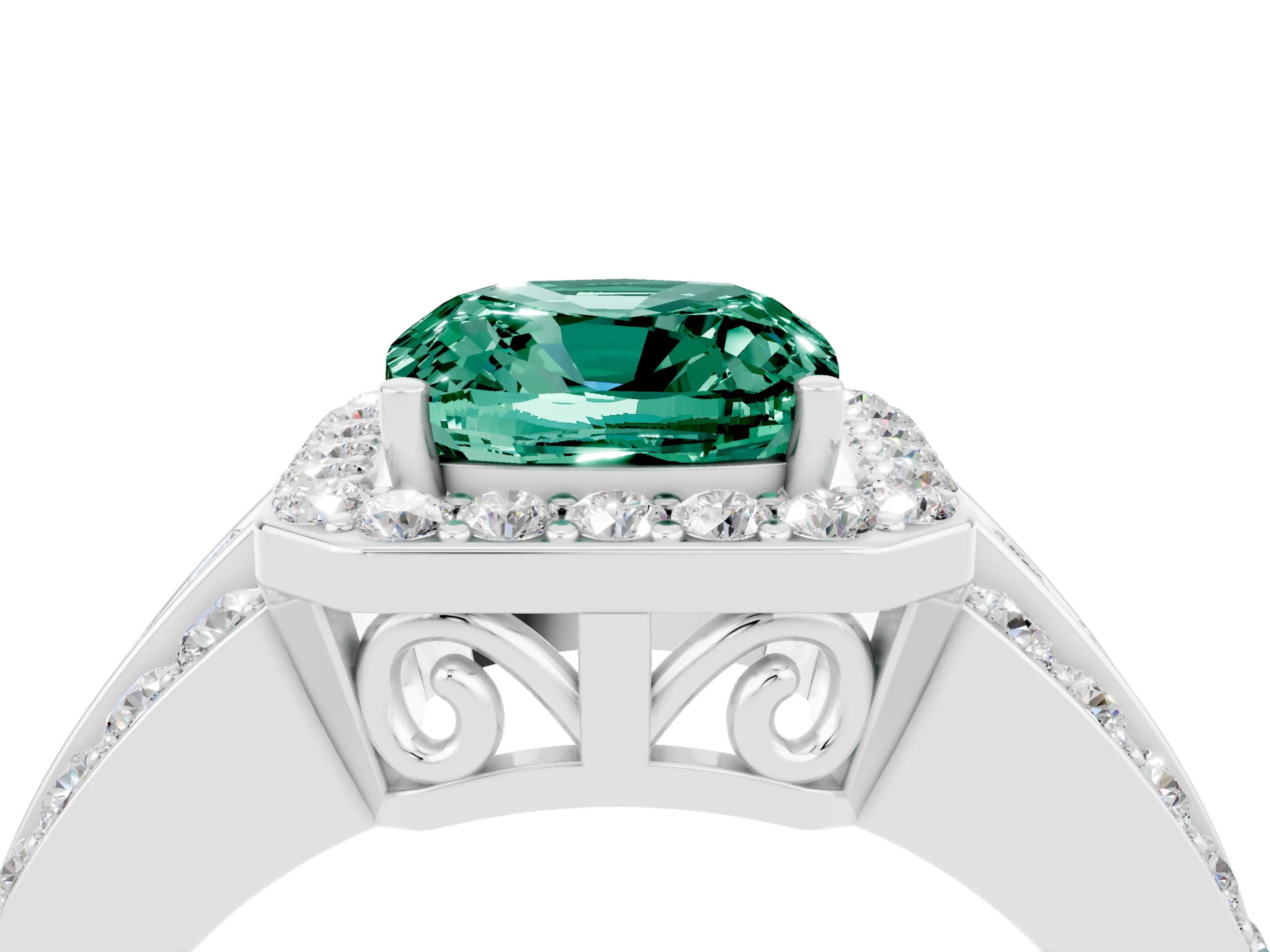 White gold Cushion Cut Halo Green Sapphire Ring with Split Shank and Four-Prong Setting_4