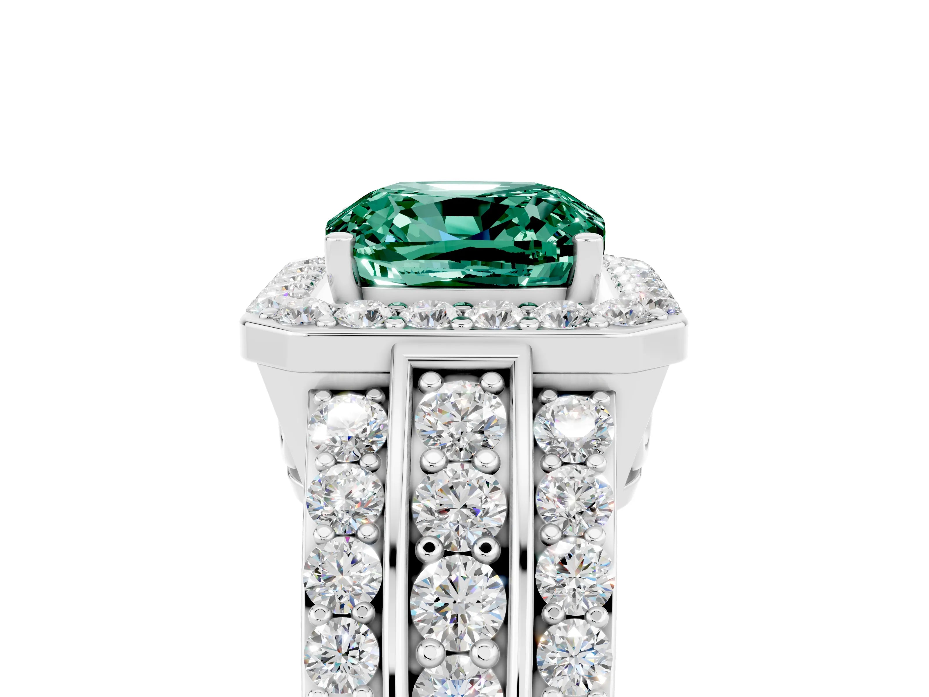 White gold Cushion Cut Halo Green Sapphire Ring with Split Shank and Four-Prong Setting_5