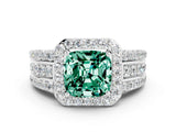 White gold Cushion Cut Halo Green Sapphire Ring with Split Shank and Four-Prong Setting