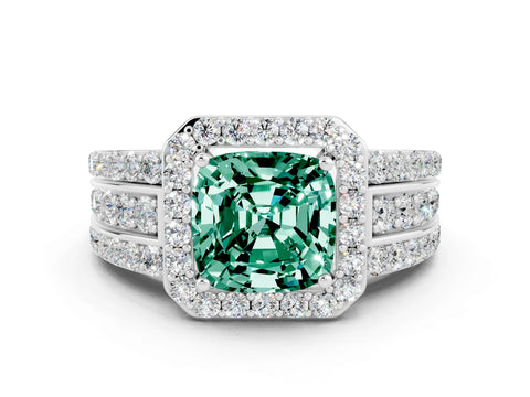 White gold Cushion Cut Halo Green Sapphire Ring with Split Shank and Four-Prong Setting