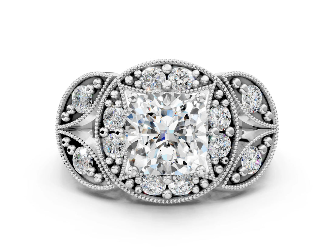 White gold Cushion Cut Halo Milgrain Diamond Engagement Ring with Leaf Band and Four-Prong Setting_7