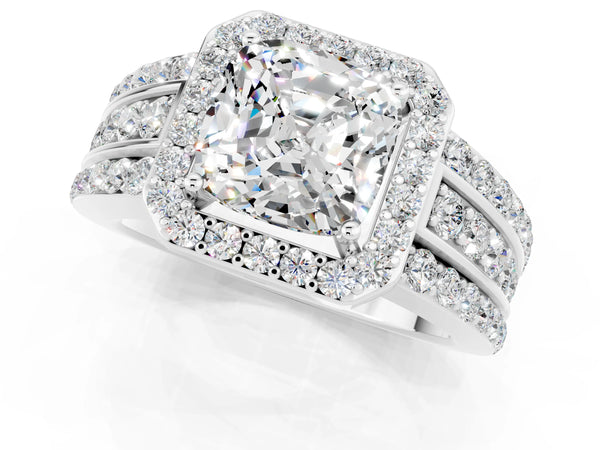 Platinum Cushion Cut Halo Moissanite Ring with Round  Split Shank and Prong Setting