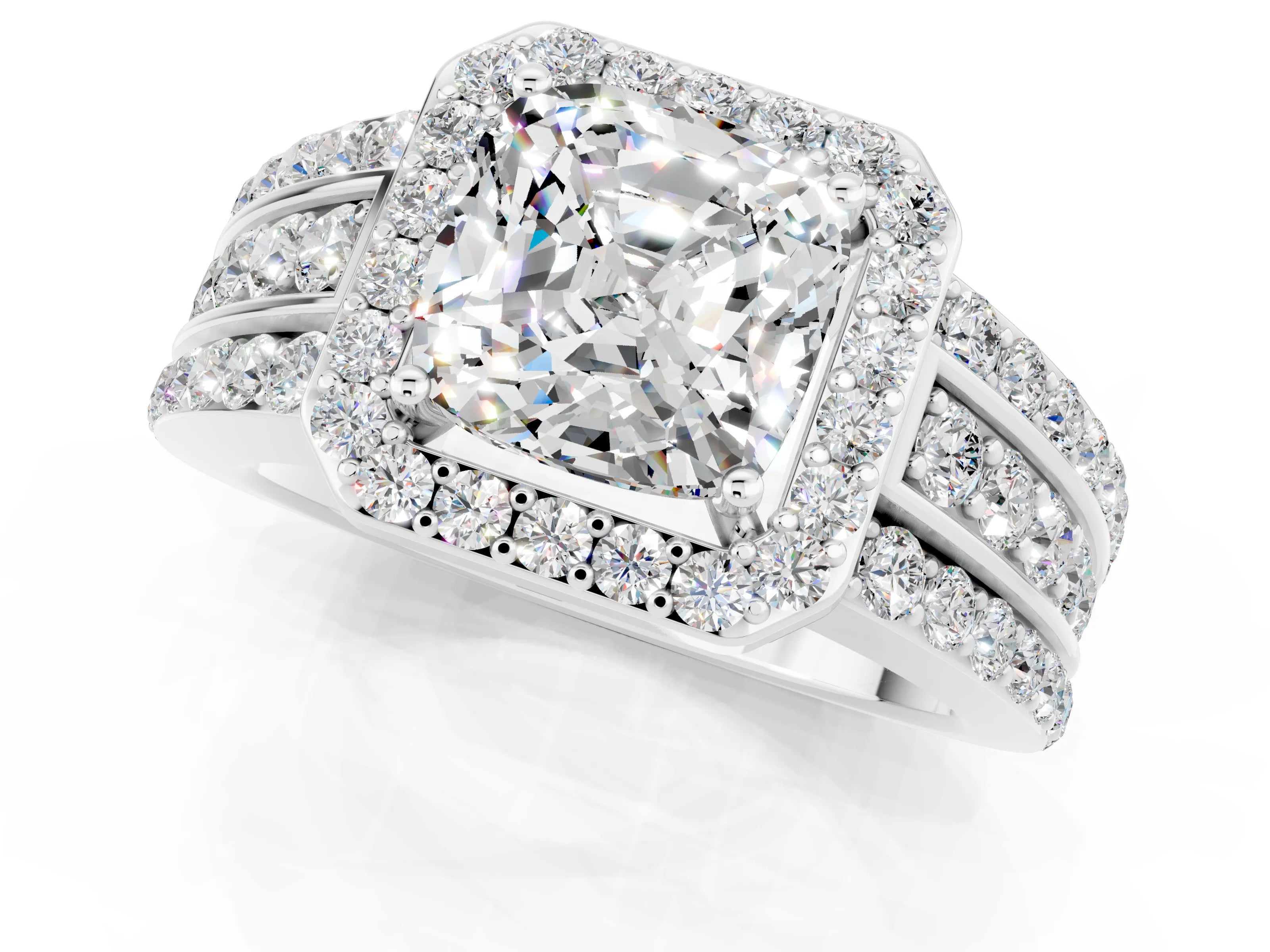 White gold Cushion Cut Halo Moissanite Ring with Split Shank and Four-Prong Setting_1