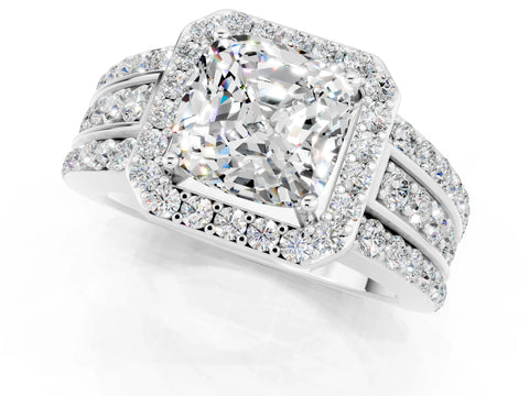 White gold Cushion Cut Halo Moissanite Ring with Split Shank and Four-Prong Setting_1