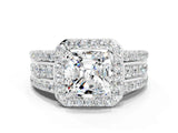 White gold Cushion Cut Halo Moissanite Ring with Split Shank and Four-Prong Setting