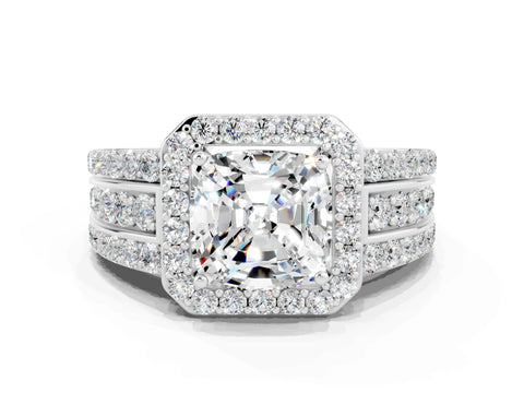 White gold Cushion Cut Halo Moissanite Ring with Split Shank and Four-Prong Setting