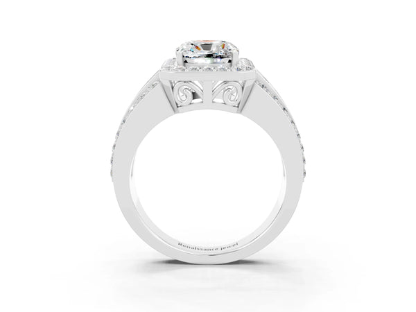 Silver Cushion Cut Halo Moissanite Ring with Round  Split Shank and Prong Setting