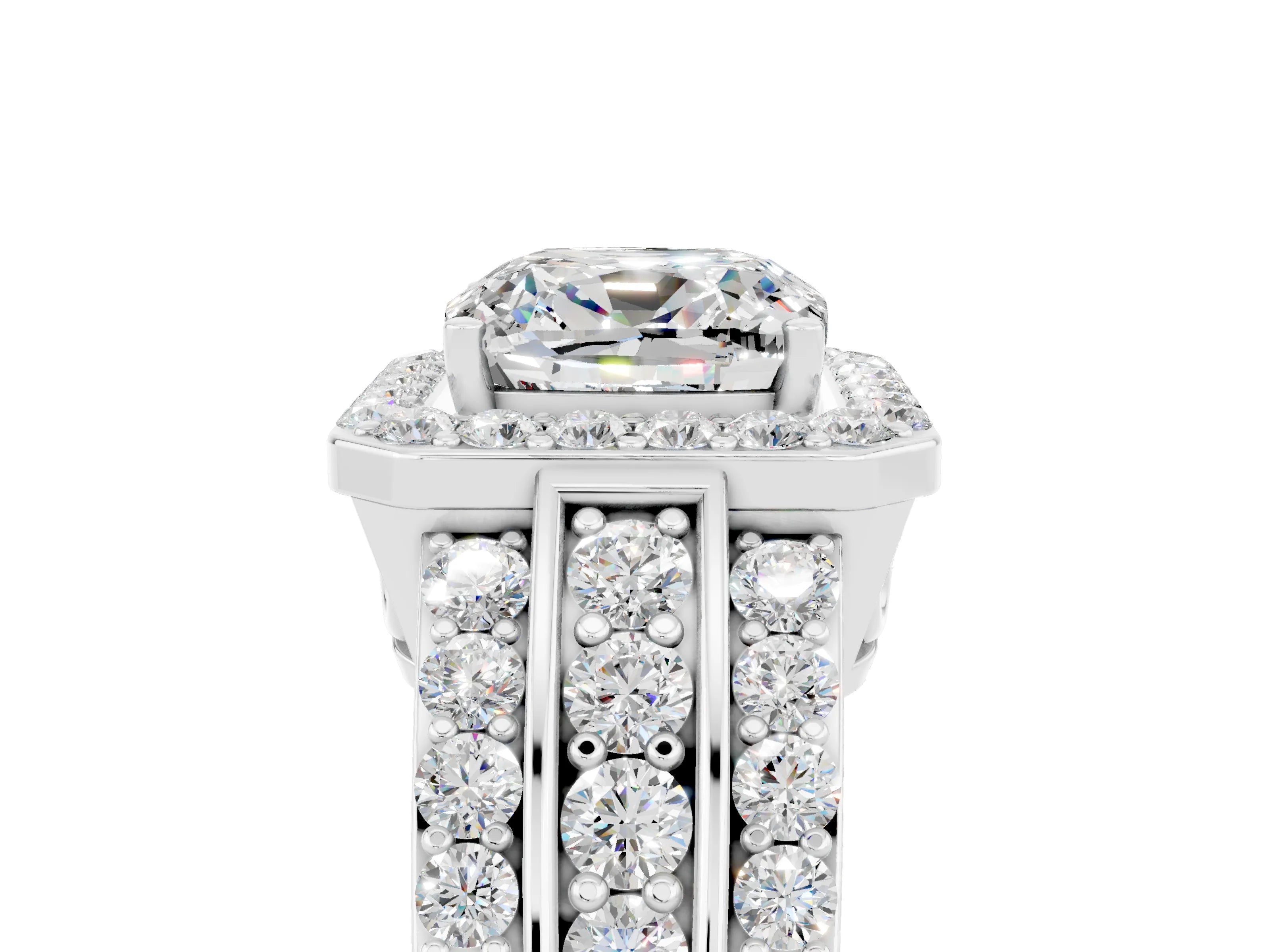 White gold Cushion Cut Halo Moissanite Ring with Split Shank and Four-Prong Setting_5