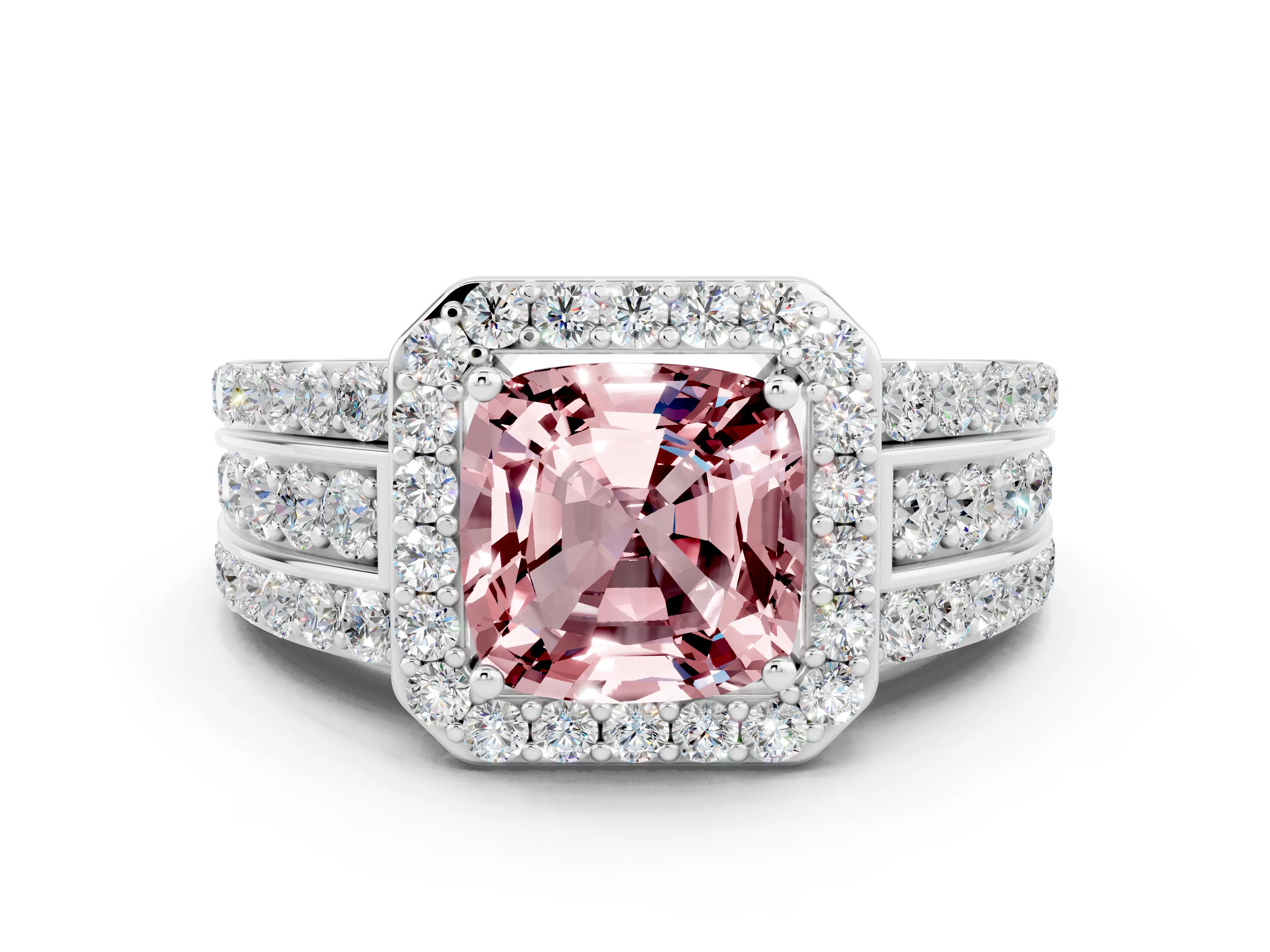 White gold Cushion Cut Halo Morganite Ring with Split Shank and Four-Prong Setting