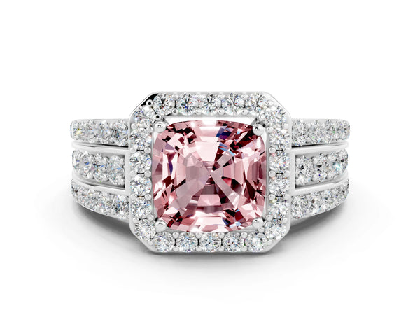 Platinum Cushion Cut Halo Morganite Ring with Round  Split Shank and Prong Setting
