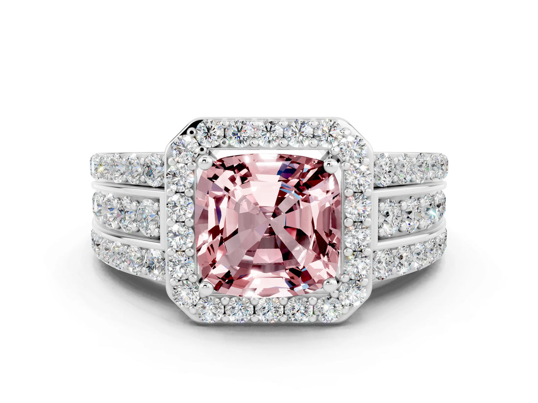 White gold Cushion Cut Halo Morganite Ring with Split Shank and Four-Prong Setting