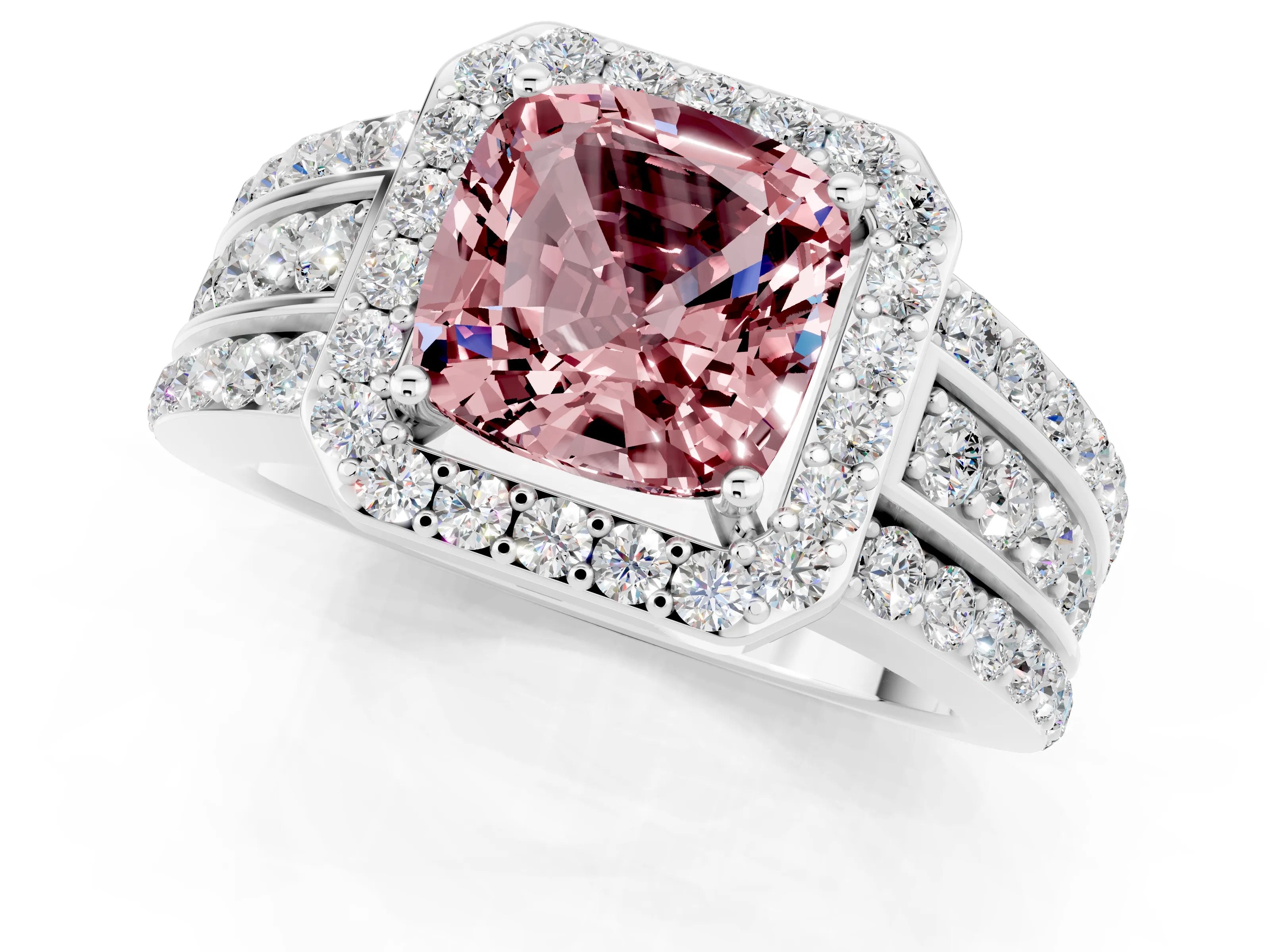 White gold Cushion Cut Halo Morganite Ring with Split Shank and Four-Prong Setting_1