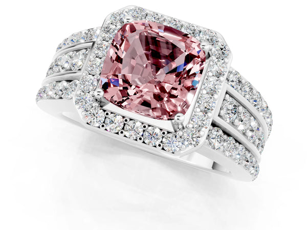 Platinum Cushion Cut Halo Morganite Ring with Round  Split Shank and Prong Setting