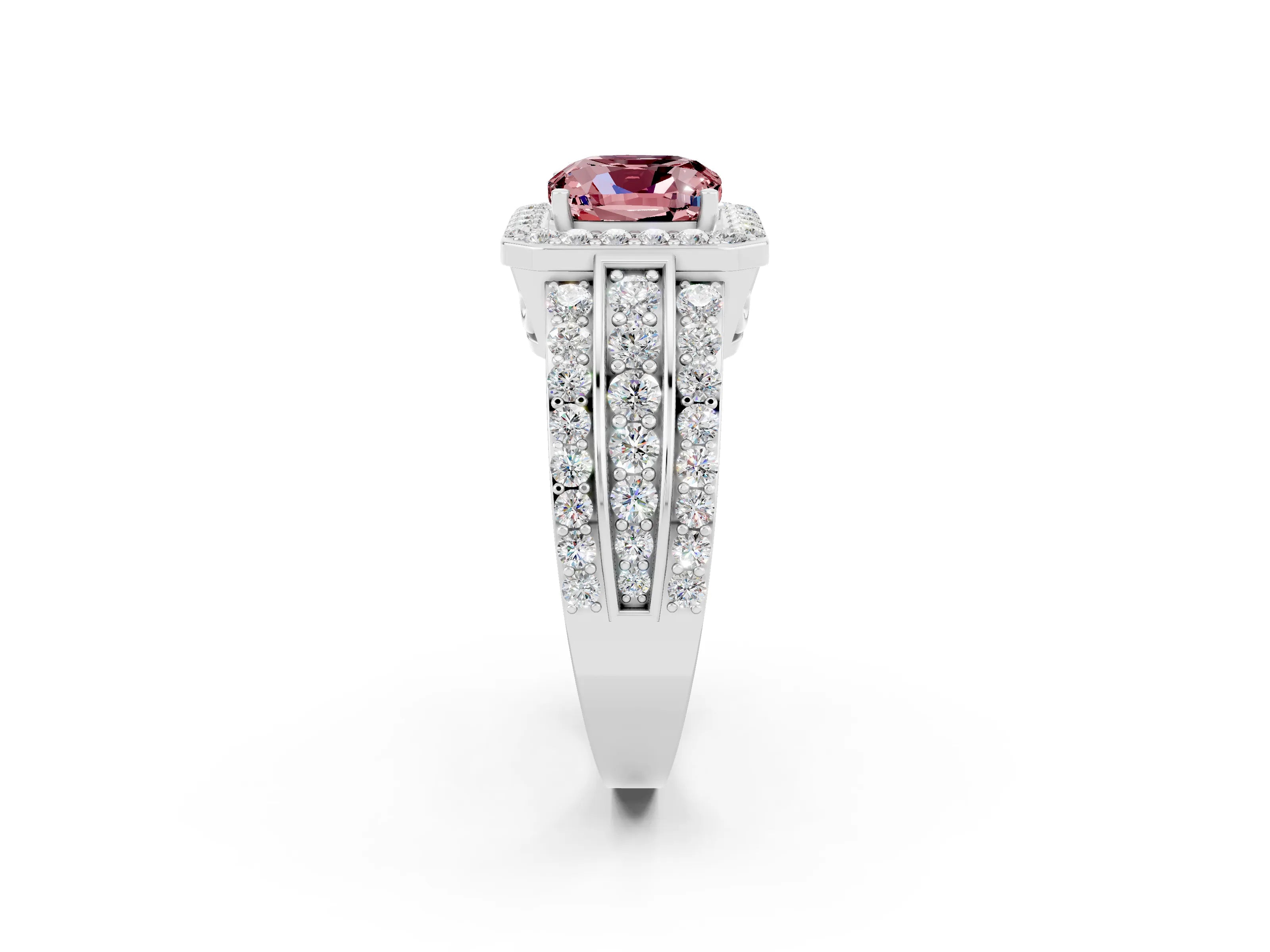 White gold Cushion Cut Halo Morganite Ring with Split Shank and Four-Prong Setting_2