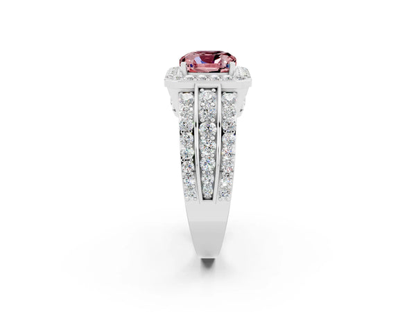 Platinum Cushion Cut Halo Morganite Ring with Round  Split Shank and Prong Setting