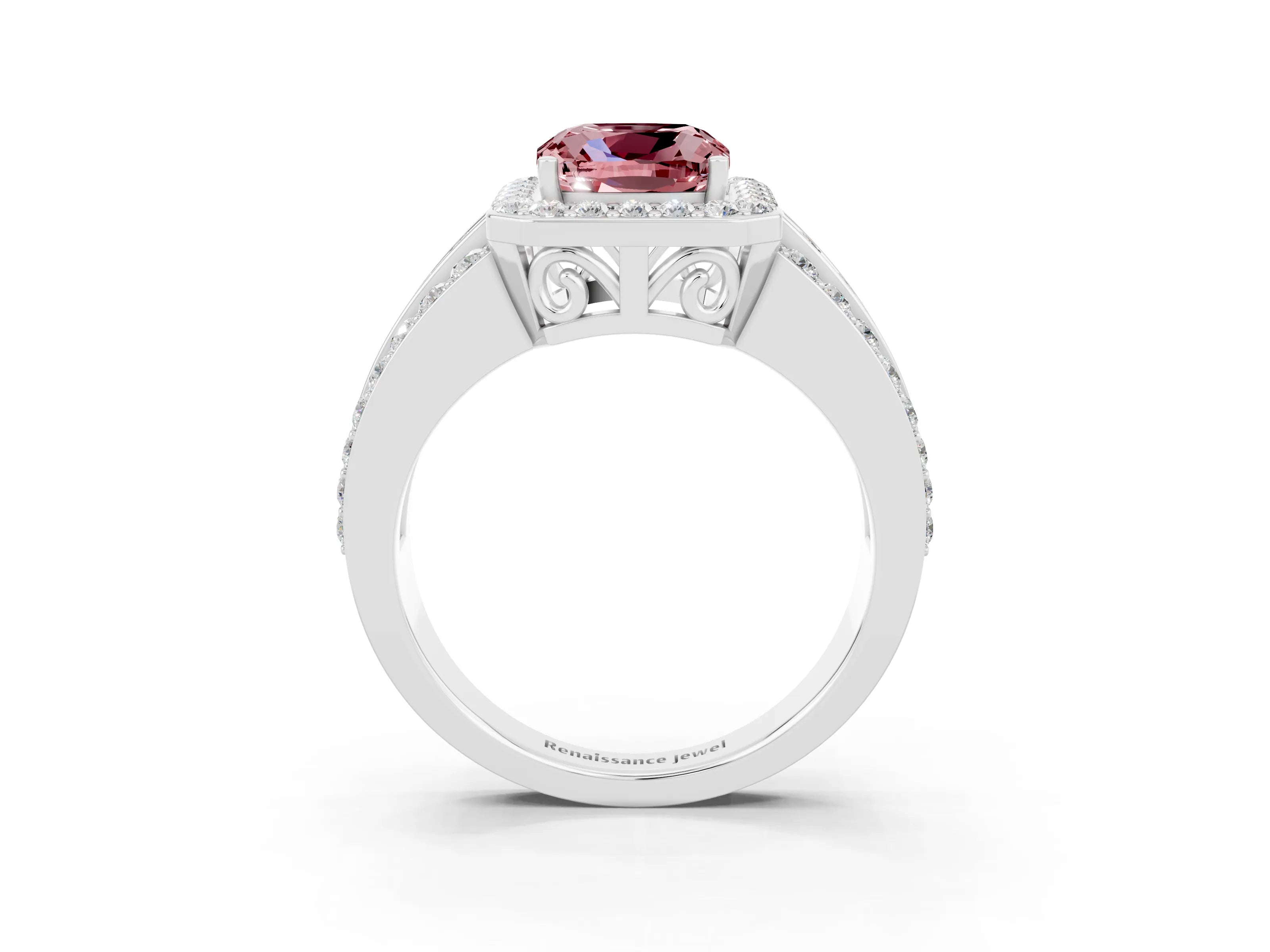 White gold Cushion Cut Halo Morganite Ring with Split Shank and Four-Prong Setting_3