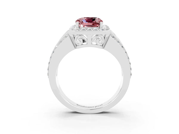 Platinum Cushion Cut Halo Morganite Ring with Round  Split Shank and Prong Setting